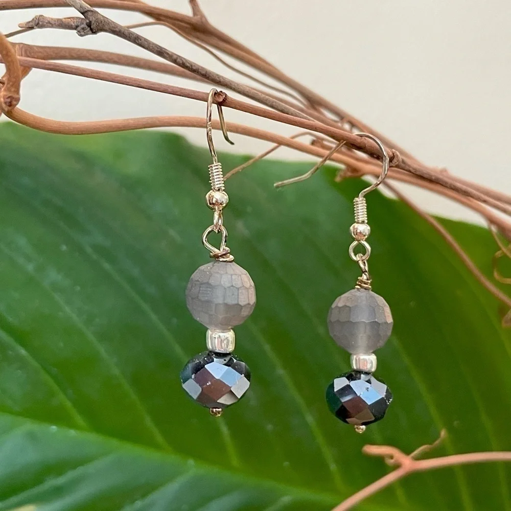 Sterling Silver Earrings Matte Grey Genuine Crystal Modern  Chic French Chic - Picture 5 of 13